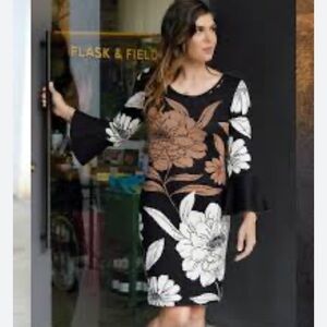 LONDON TIMES  Black & Brown Floral Bell Sleeve Black Sweater Dress S NWOT